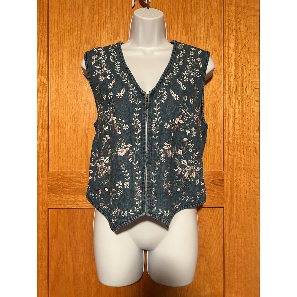Vintage Tantrum Blues Floral Embroidered Denim Vest V-Neck Zip Front Cotton Sz M